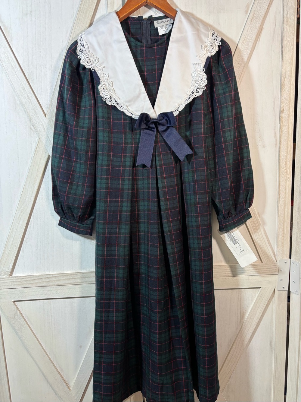 Rare Too Navy and Green Plaid Dress with White Lace Collar